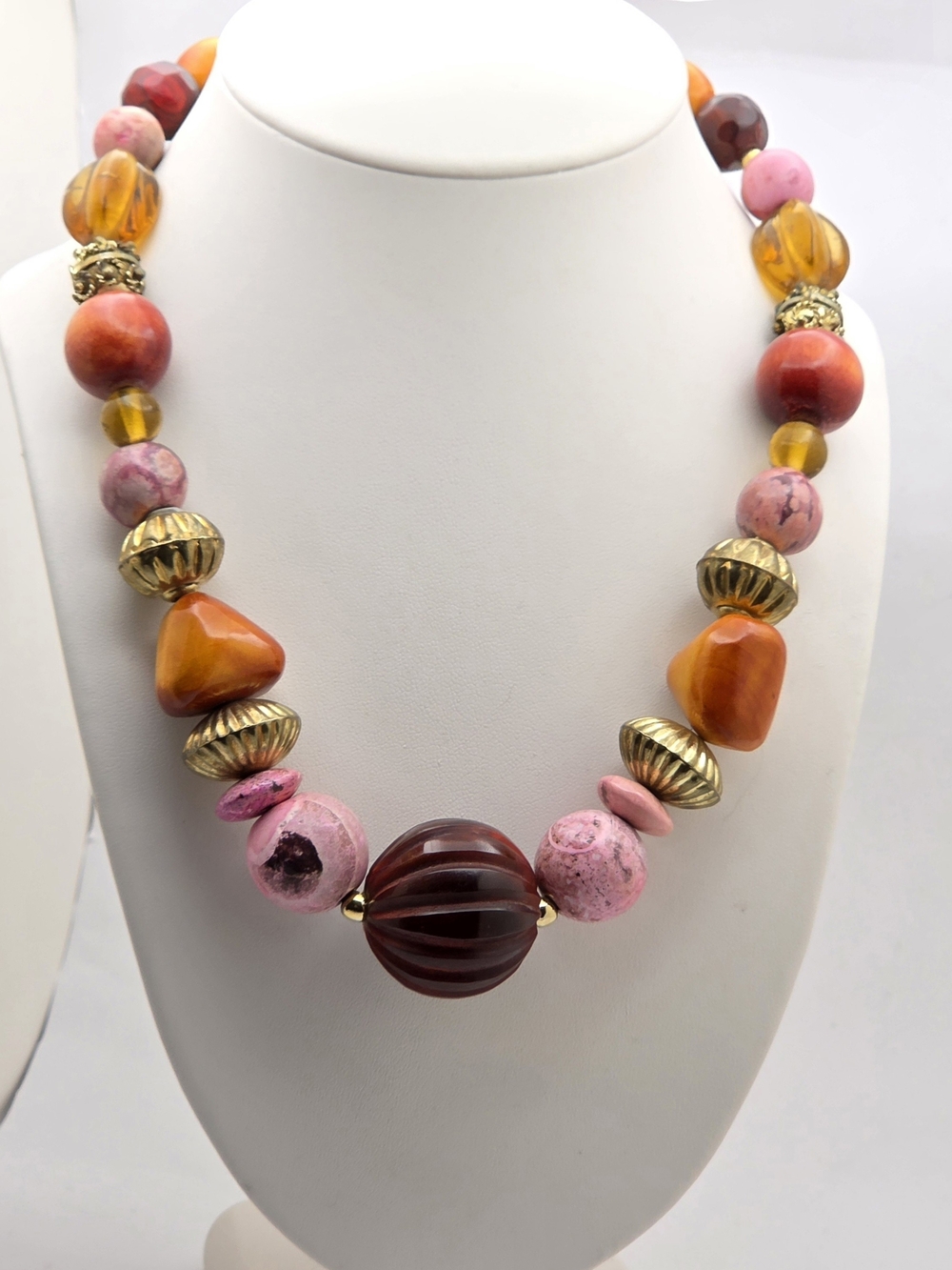 Chunky Mixed Bead Statement Necklace Vintage Style Art Glass Stone Wood 19"